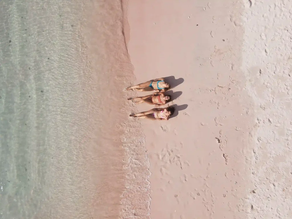 Aerial view of the pink sand shoreline at Komodo