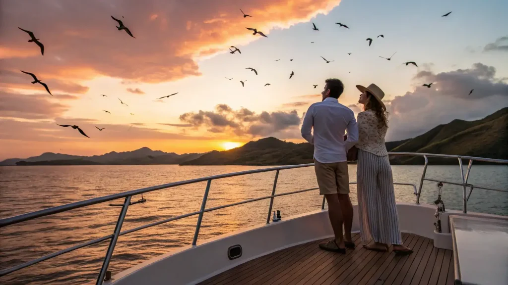 Couple on the bow of a charter boat at sunset off Kalong Island