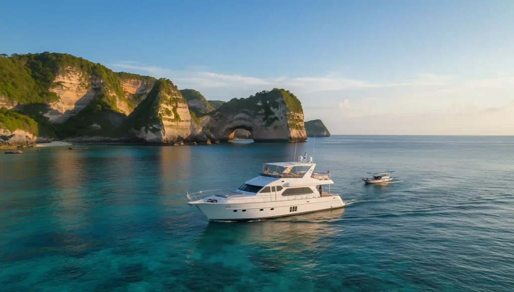 Charter yacht anchored beneath the Nusa Penida cliffs
