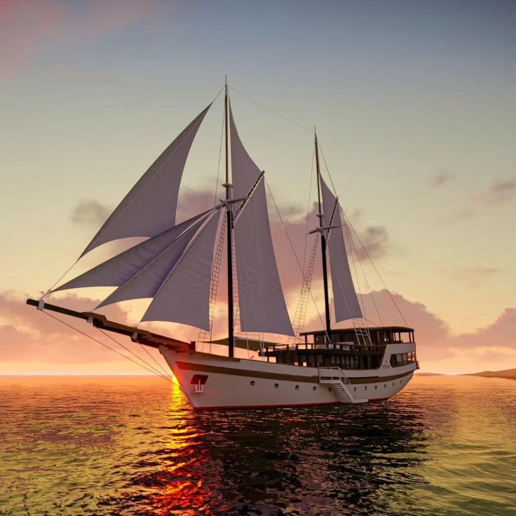 Phinisi Otium sailing at golden hour