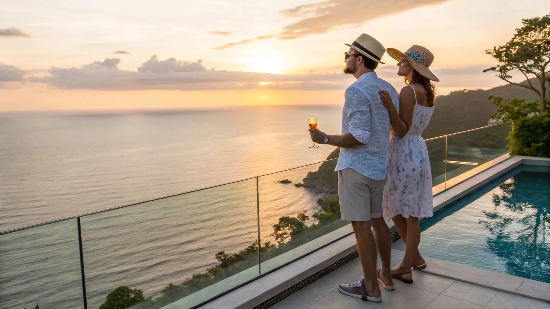 Couple watching the sunset from a private cruise