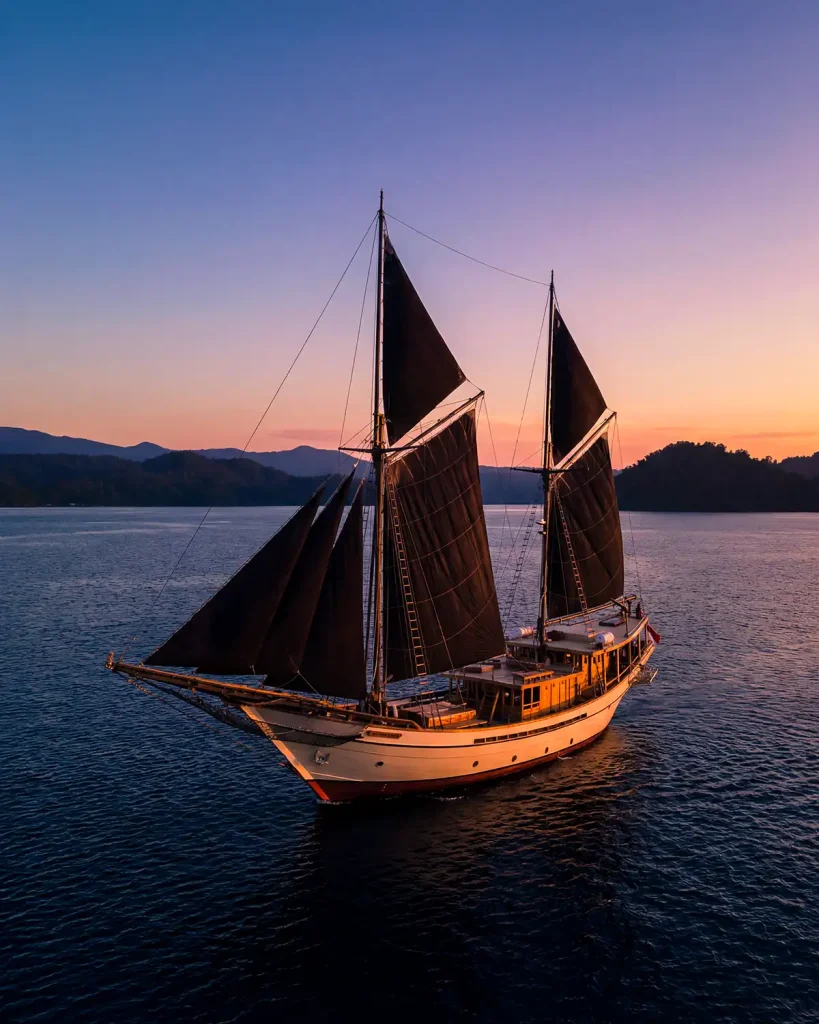 Traditional phinisi Silolona under dark sails