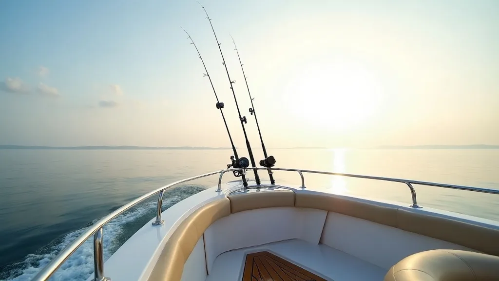 Fishing rods rigged on the deck of a charter boat at sunrise
