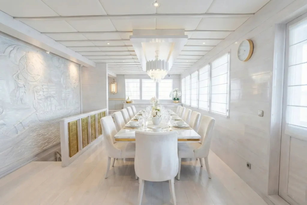 Open-air dining area on the deck of a charter yacht