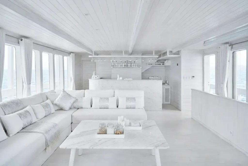 Air-conditioned indoor saloon on a charter yacht