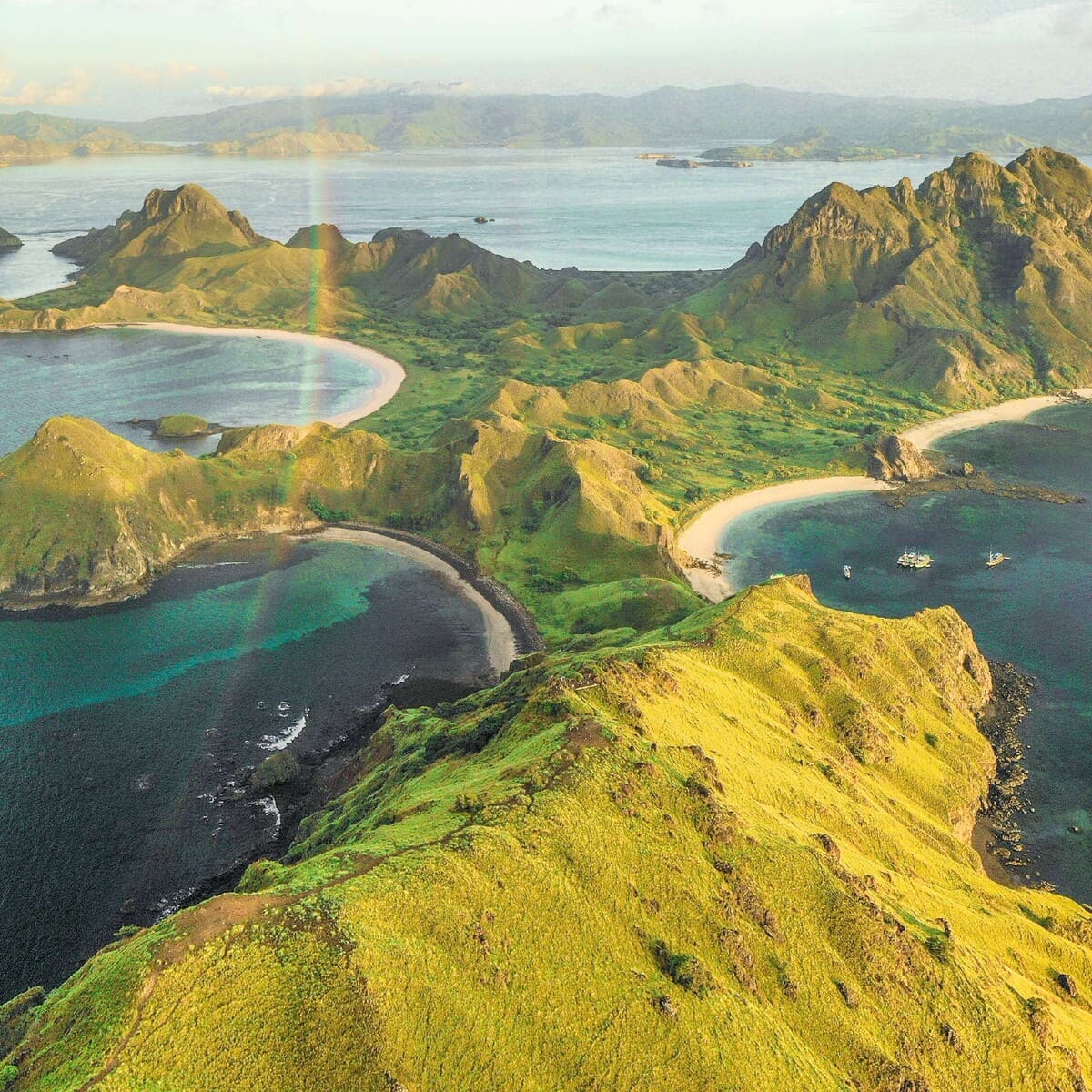 Aerial view of Padar Island and its curved bays in Komodo National Park