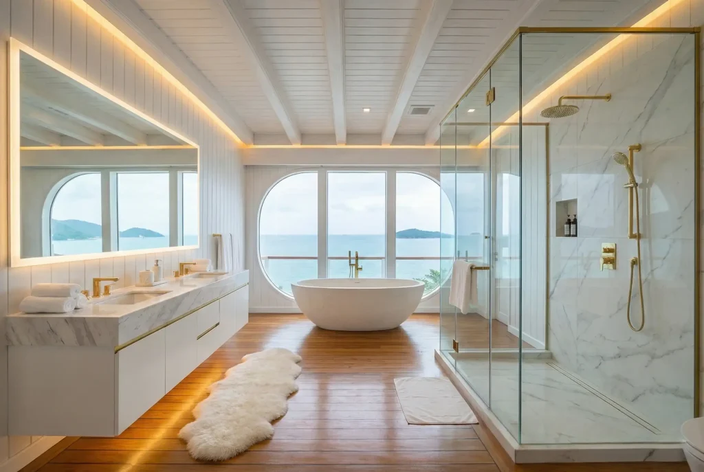 Shaded rest area on the deck of a motor yacht
